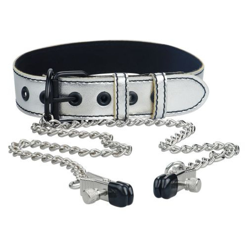 Collare con pinze per capezzoli fetish Metallic Silver Collar with Nipple Clamp