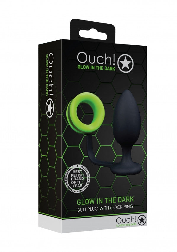 Plug with cock ring Butt with Cock Ring GitD Neon Green/Black