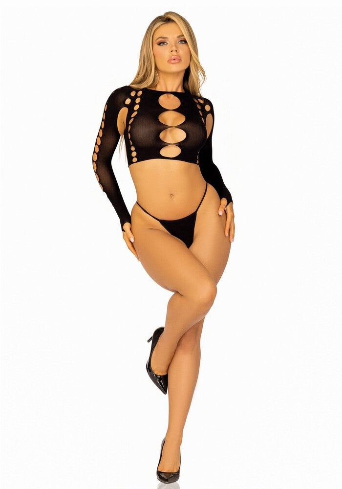 Completino Sexy Long Sleeve Crop Top e String Nero
