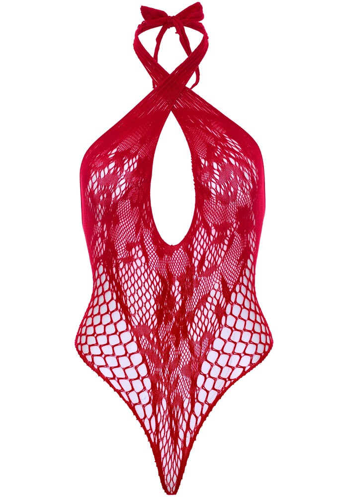 Sexy Spitzen- und Netzbody mit Neckholder Rot