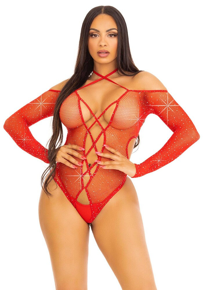 Body Sexy Crotchless Teddy with Halter Rosso
