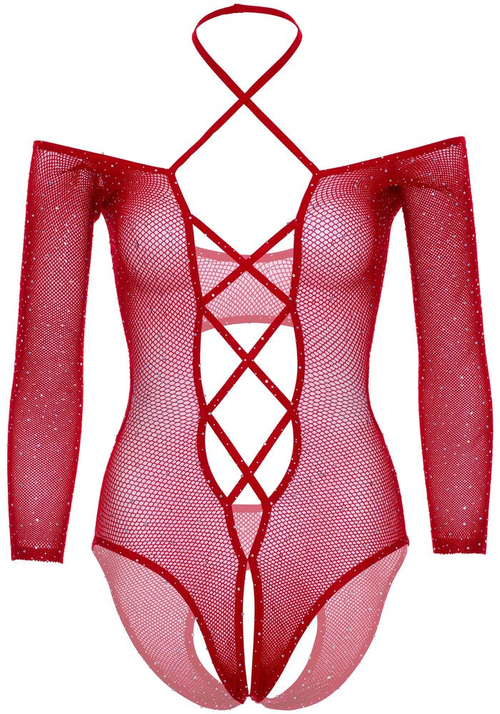Body Sexy Crotchless Teddy with Halter Rosso
