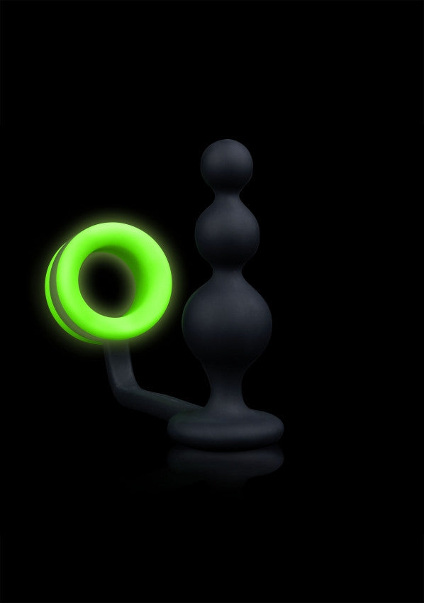 Anello fallico con plug Beads Butt Plug with Cock Ring - GitD - Neon Green/Black