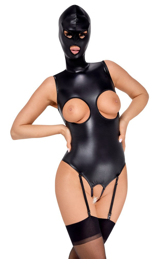 Bodysuit with garter belt and bdsm mask