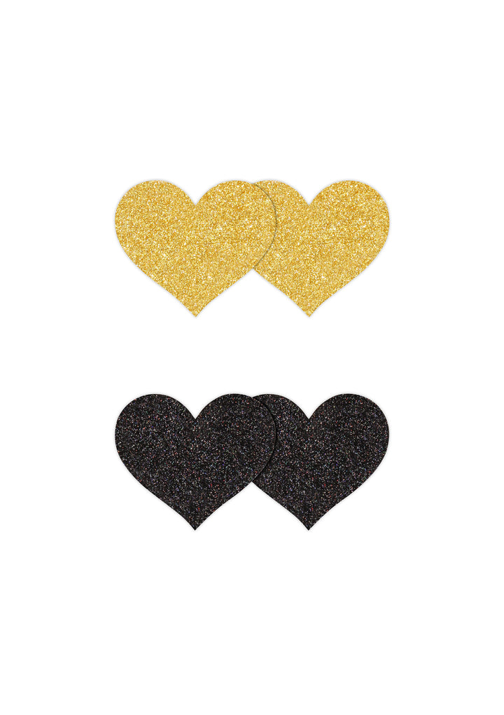 Heart-shaped nipple covers Pasties Glitter Hearts 2 Pair black &amp; gold