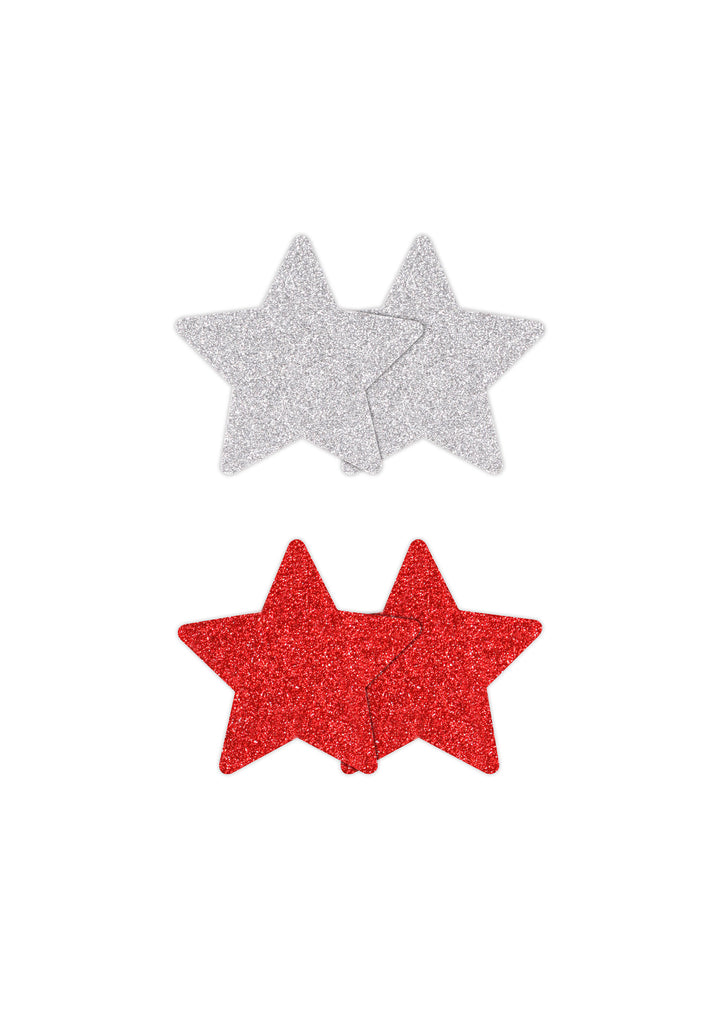 Star-shaped nipple covers Pasties Glitter Stars 2 Pair red &amp; silver