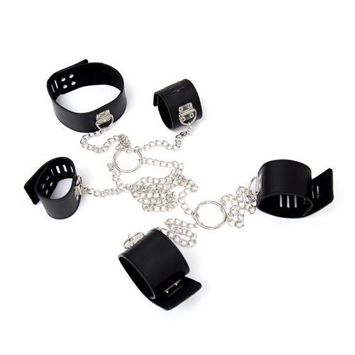 Constrictive chain hogtie black fetish handcuffs bondage anklets with sexy harness collar