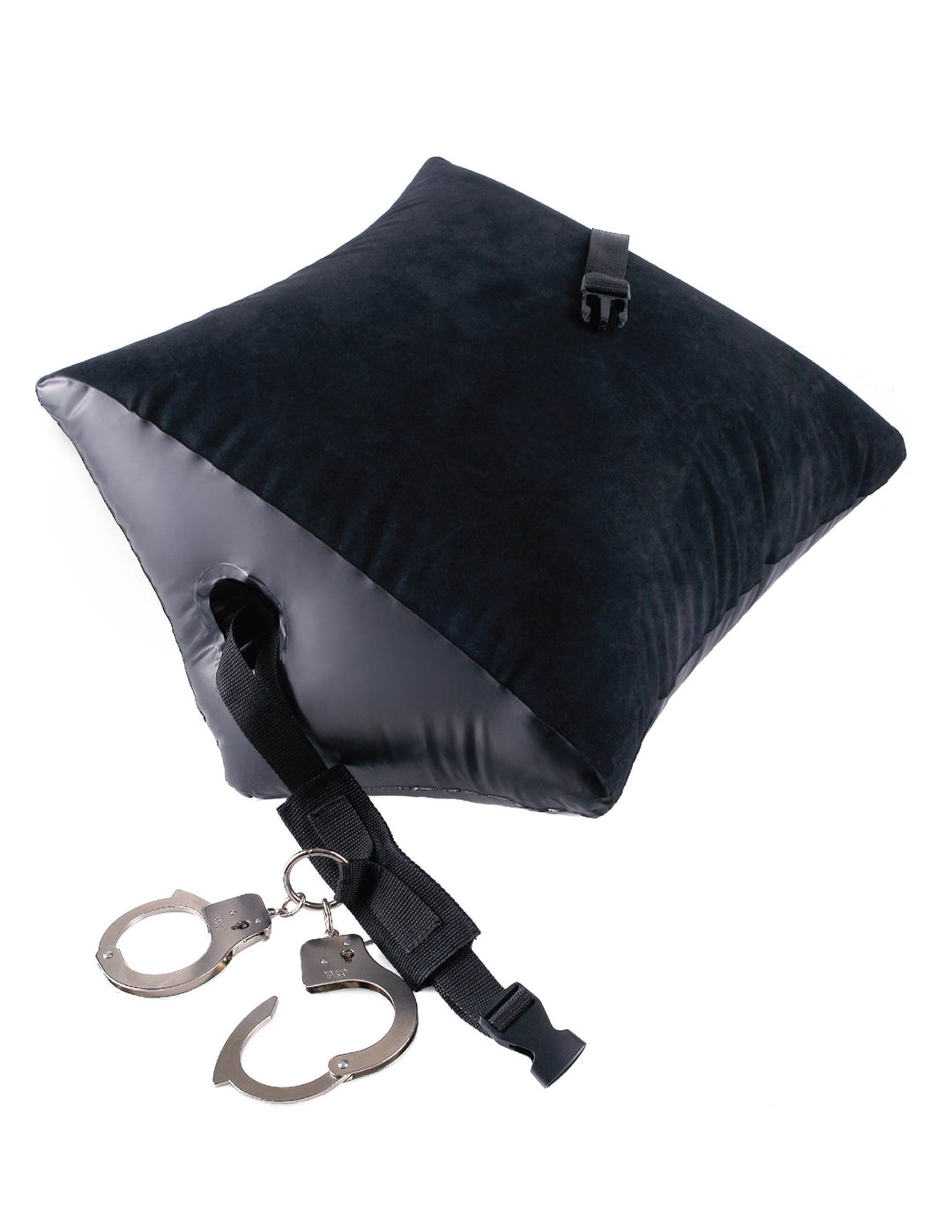 Black fetish bondage pillow with steel handcuffs