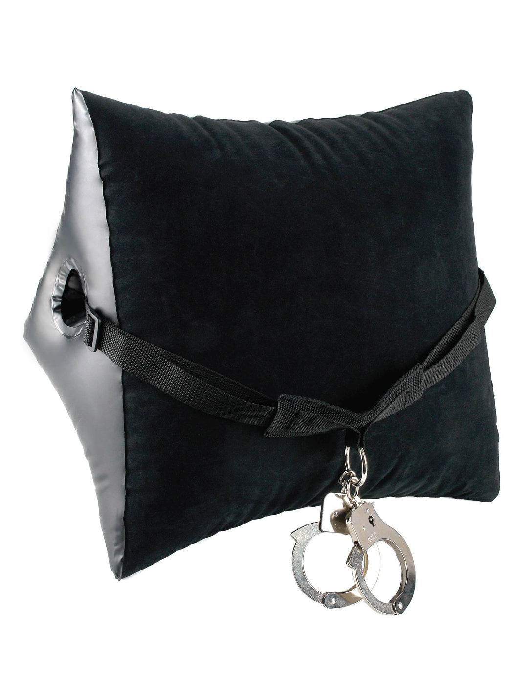 Black fetish bondage pillow with steel handcuffs