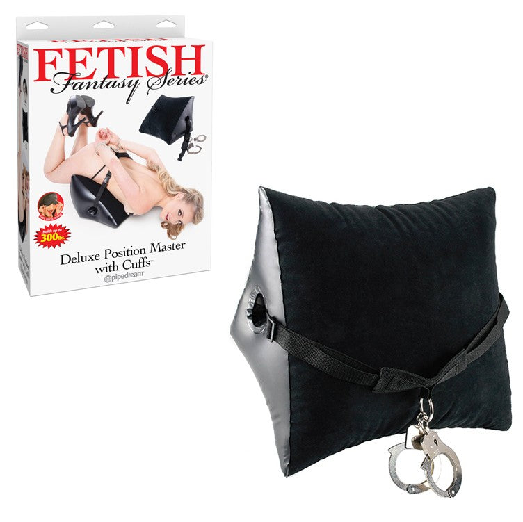 Black fetish bondage pillow with steel handcuffs