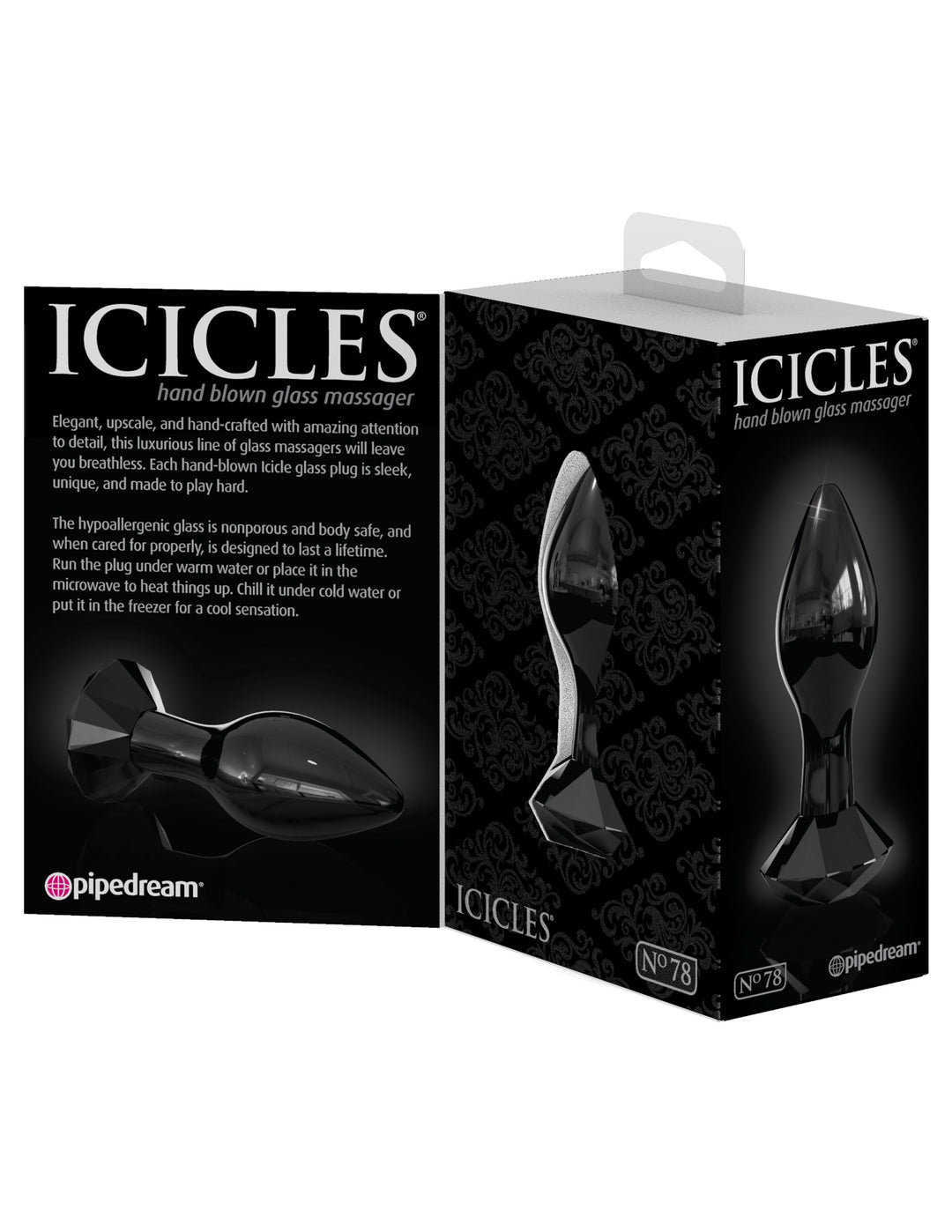 Butt Plug in vetro con gioiello nero icicles 78 - 9cm