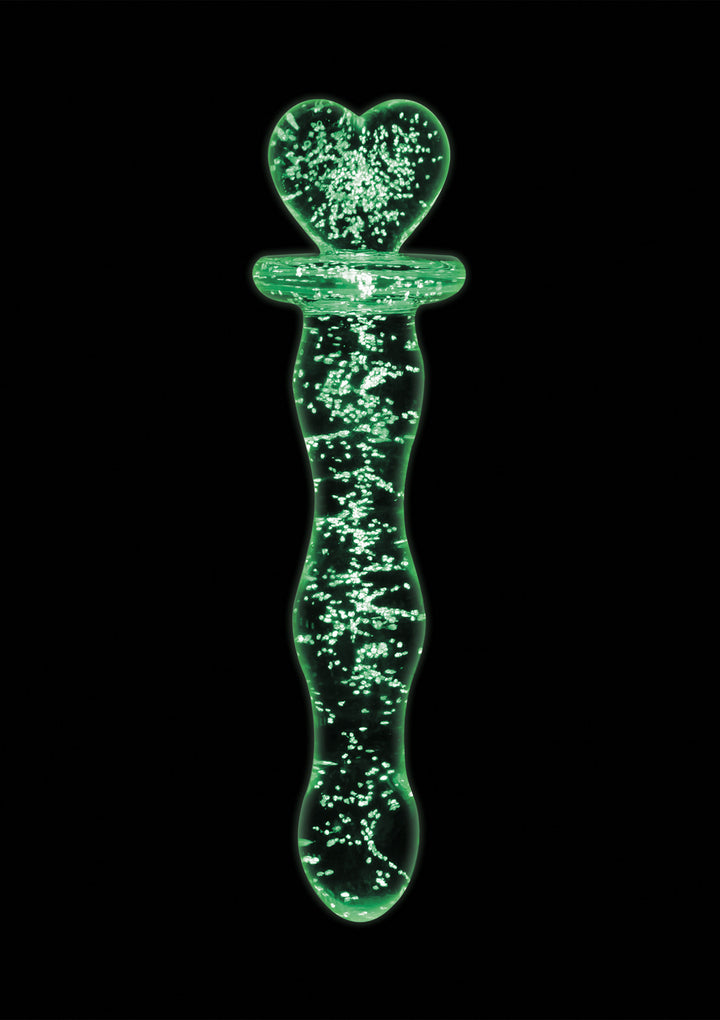 Glass Dildo Heart Glow in the Dark Green - 19cm