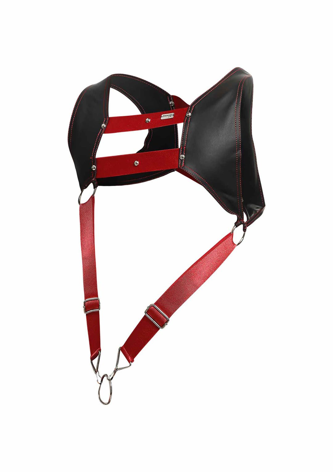 Red and black DNGEON Top Cockring Harness