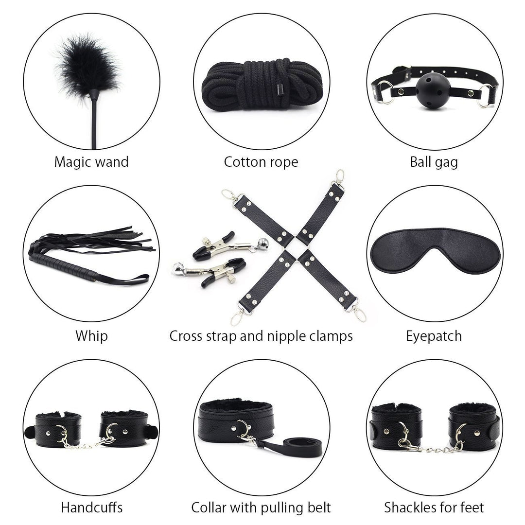 Top bondage kit fetish rope bite black constrictive collar whip handcuffs anklets