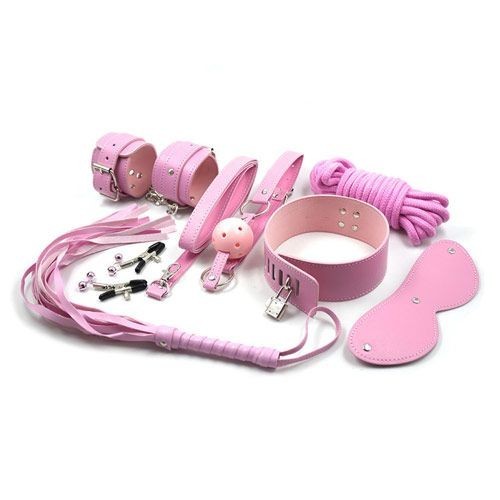 Top bondage kit set pink bite gag ball handcuffs nipple clamps rope fetish collar