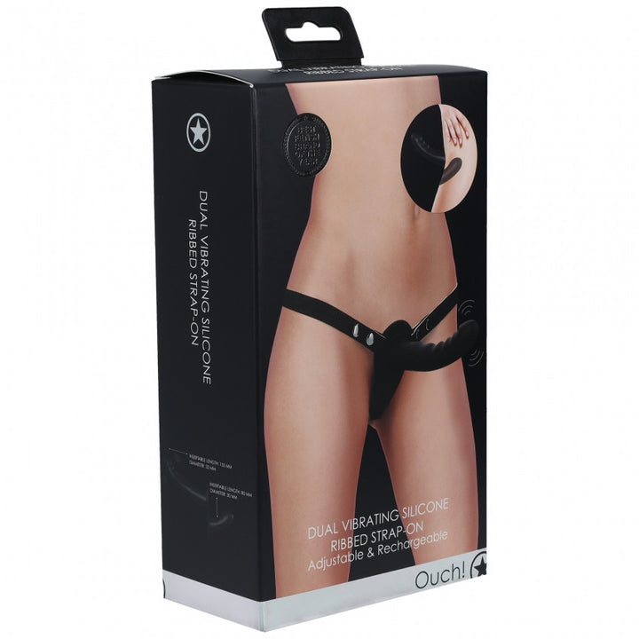 Dual Vibrating Silicone Ribbed Strap-On Adjustable Black Wearable Vibrator