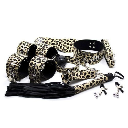 Wild bondage kit leopard set fetish leash handcuffs bite anklets whip sexy mask